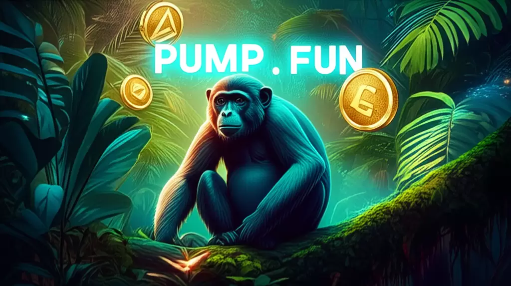 Um animal da selva em um ambiente de selva com o texto'PUMP.FUN', representando a'selva cripto'.