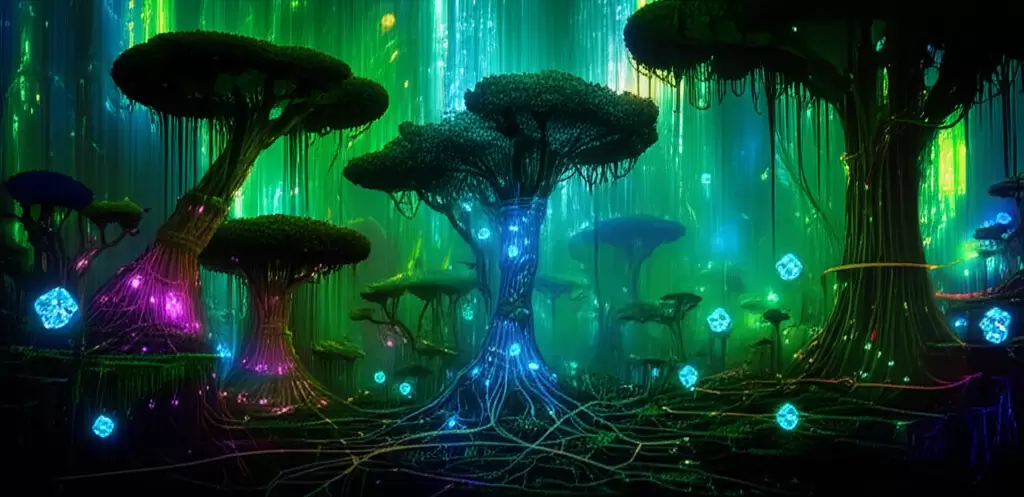 Paisagem digital futurista com elementos de selva, simbolizando descentralização e Web3