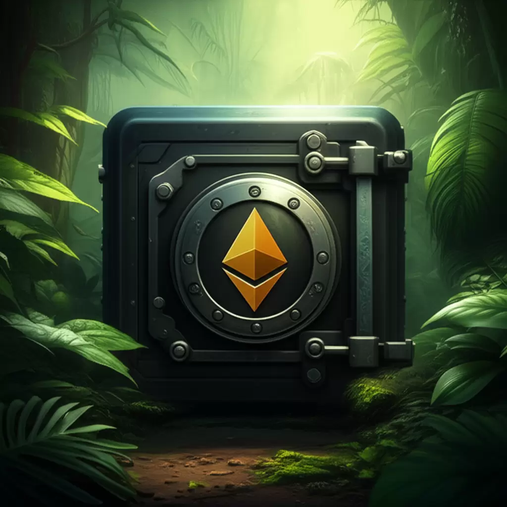 Cofre seguro no meio de uma selva exuberante, representando a segurança de carteiras de criptomoedas